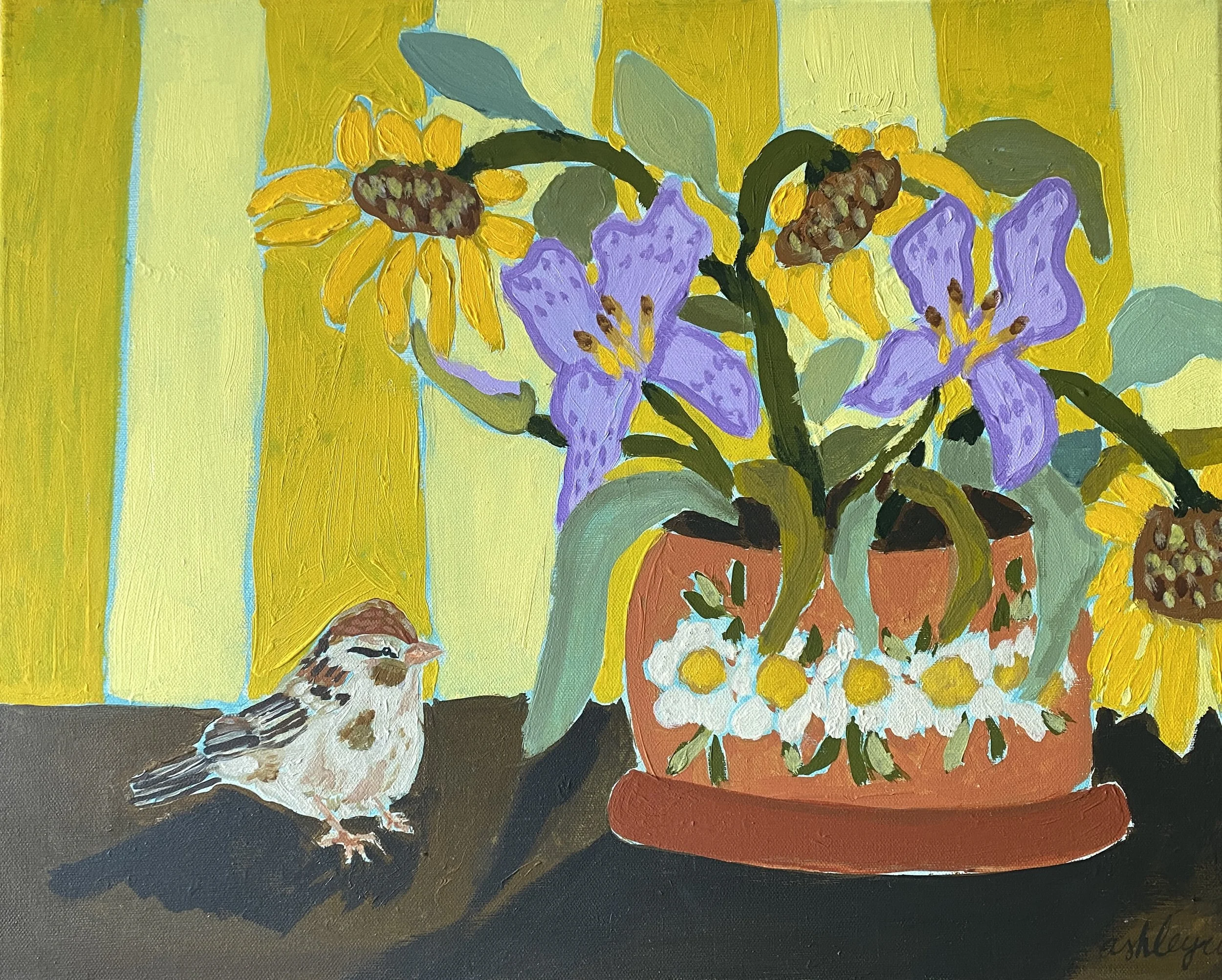 "Sunflowers and Sparrows" 
07-22-2025
Acrylic on canvas 
16"x20"