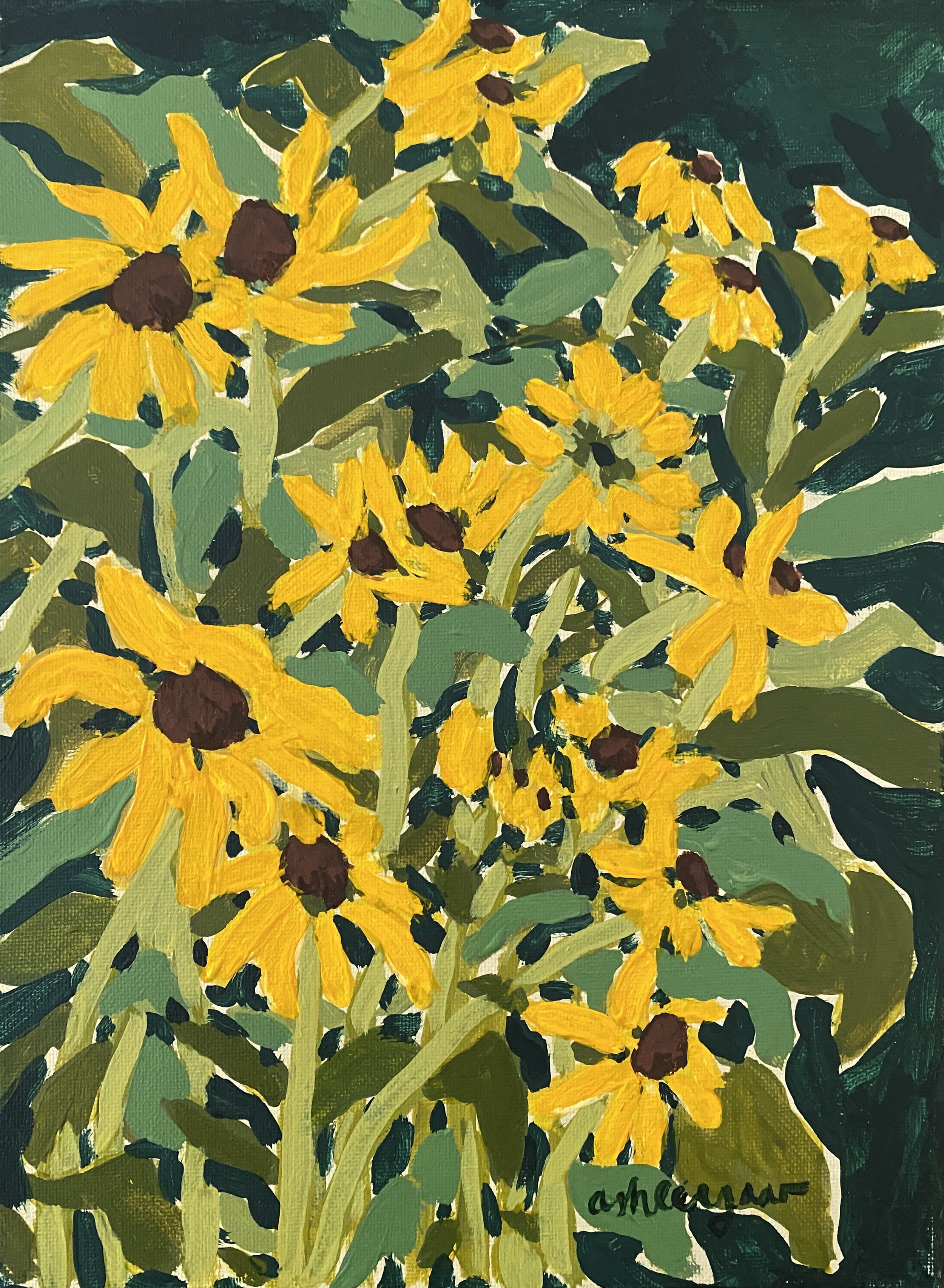 "Blacked Eyed Susans" 
03-05-2025
Acrylic on canvas 
12"x9"