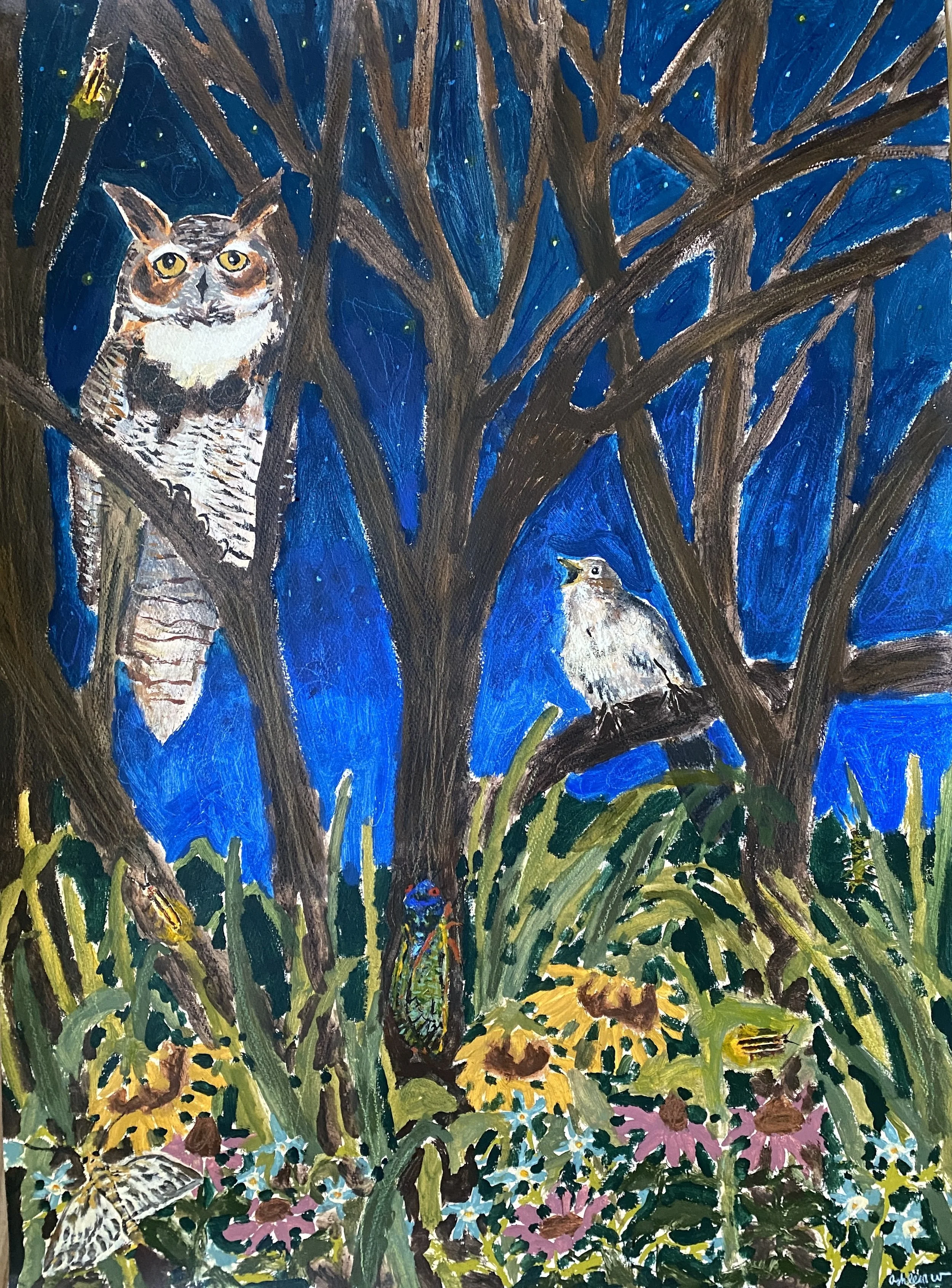 "Night Watcher" | 5-26-2026 | Mixed Media on paper | 30"x22"