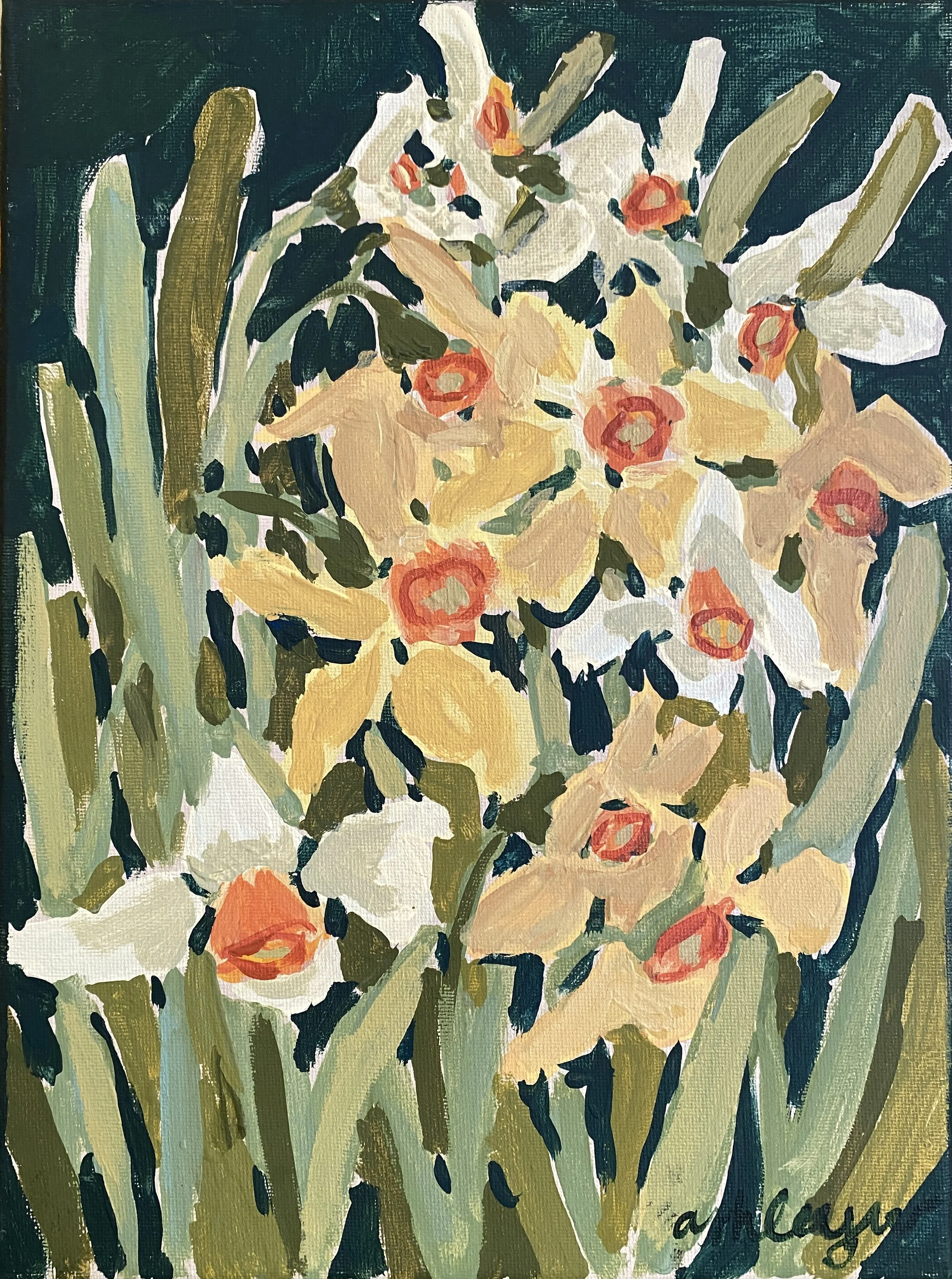 "Daffodils"
03-04-2025
Acrylic on canvas 
12"x9"