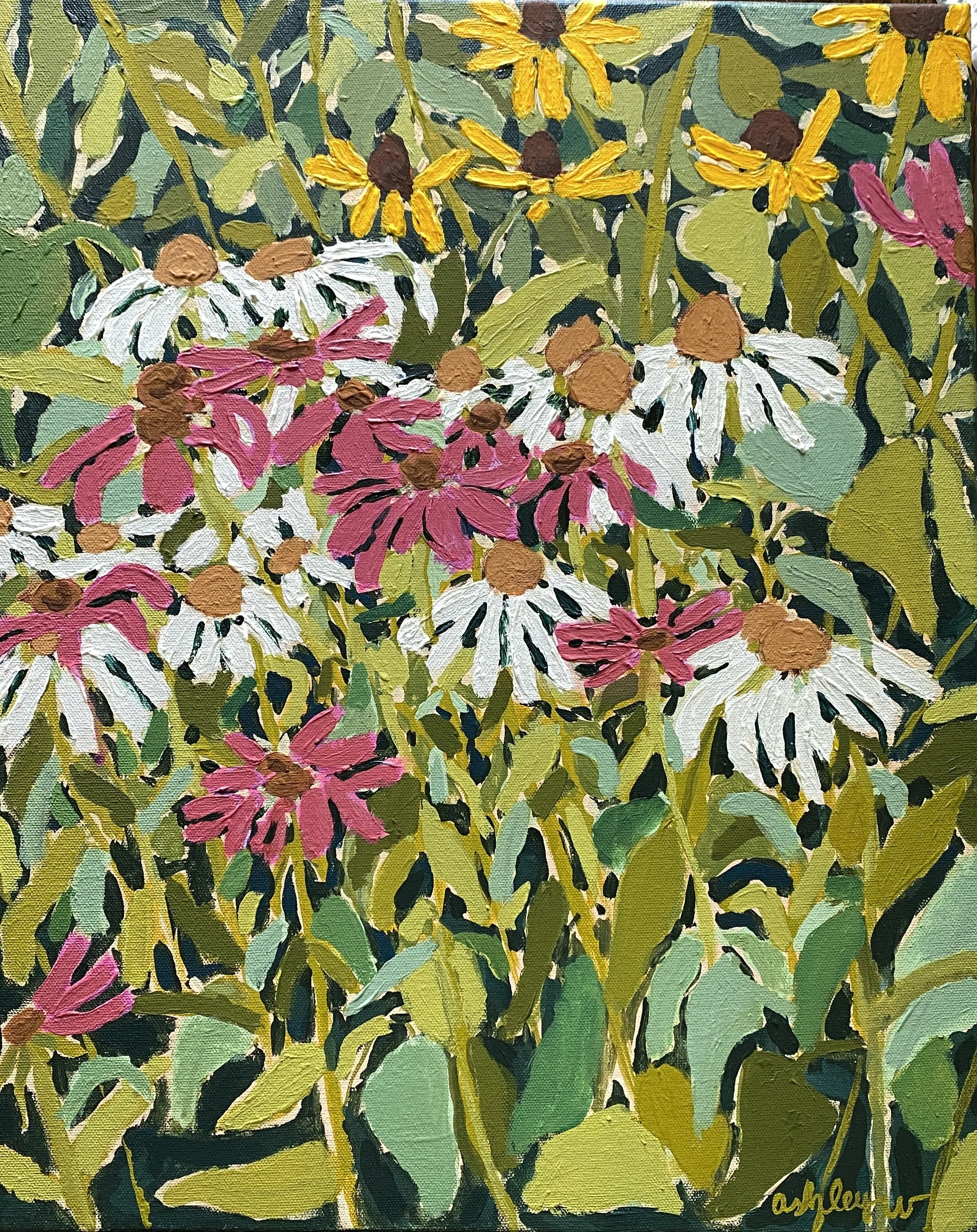 "Coneflowers and Susans" 
02-26-2025
Acrylic on canvas (gouache) 
20"x16"