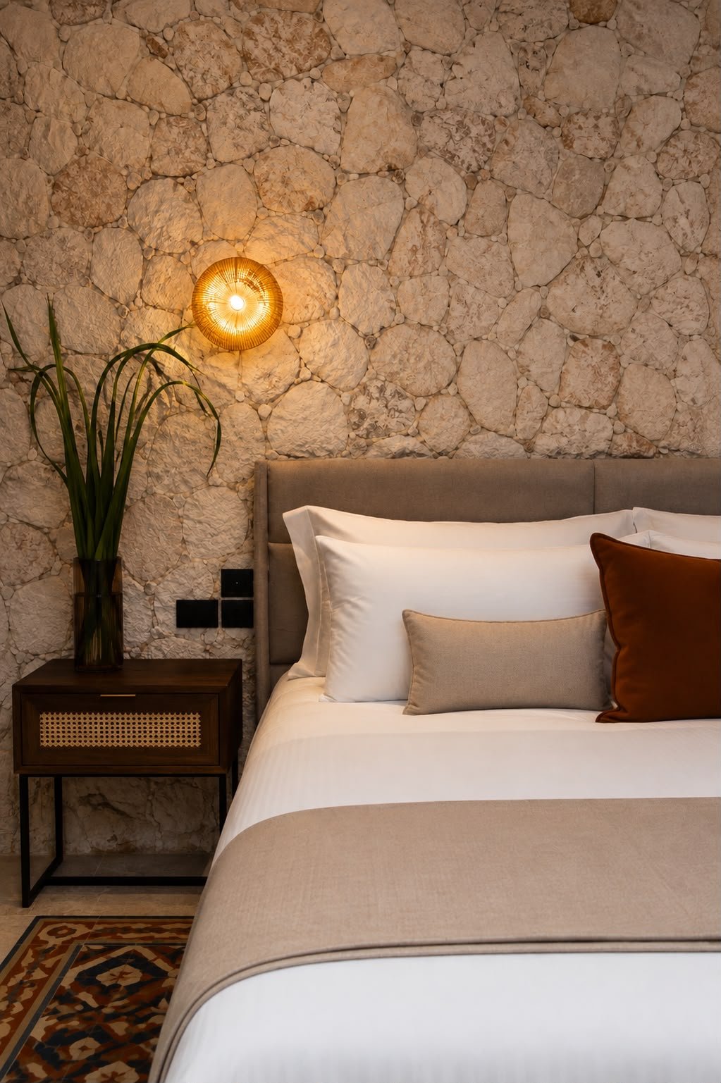 A bedroom with a stone wall, a bed with white and beige bedding, a gray headboard, a nightstand with a tall green plant, a wicker wall light, and patterned rug.