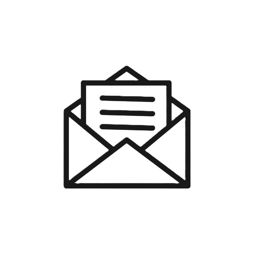 Black outline icon of an open envelope with a letter inside that has three horizontal lines, indicating text.