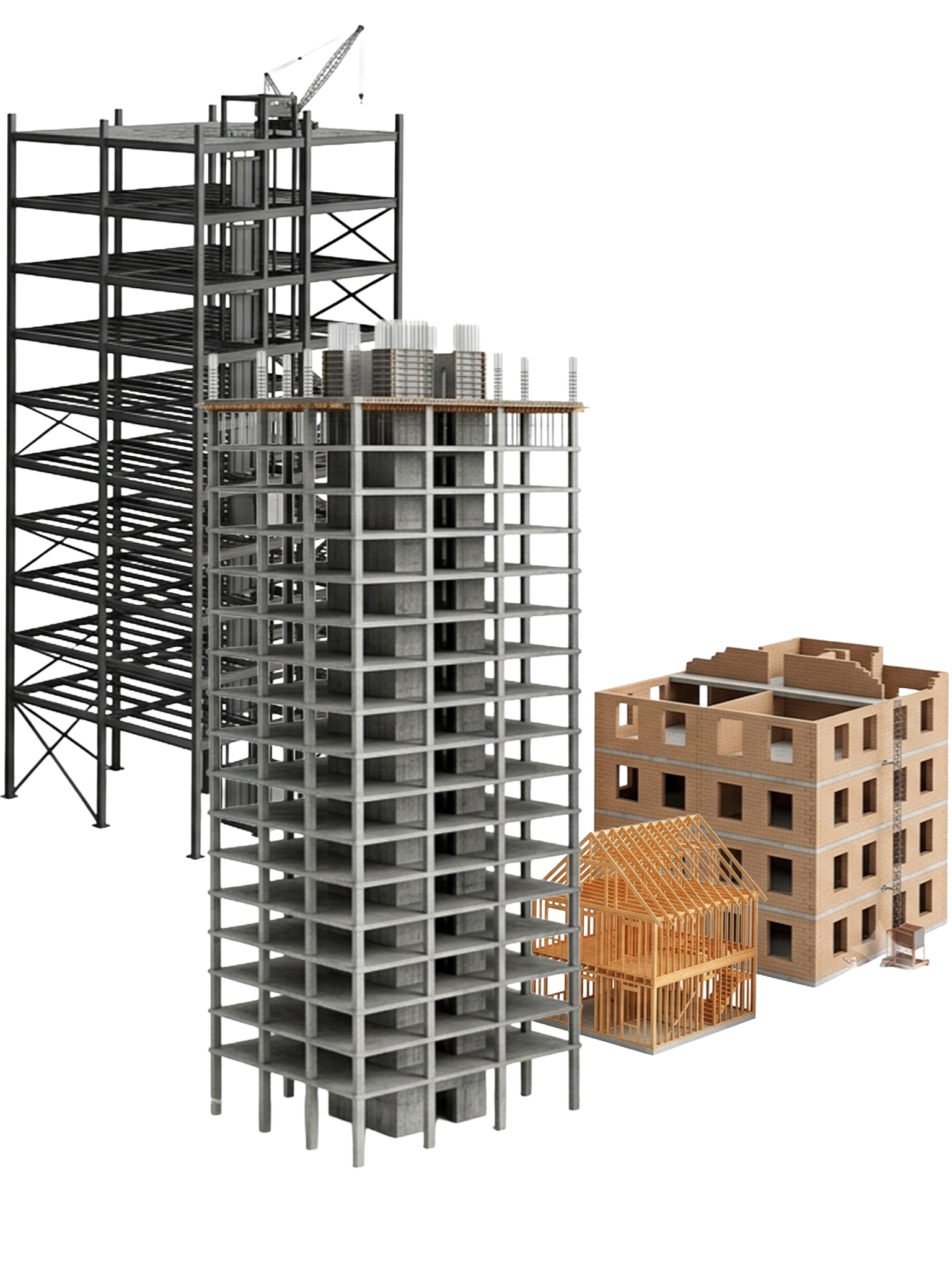 Steel Building Frames, Concrete Building Frames, Wood Building Frames, Masonry Building.