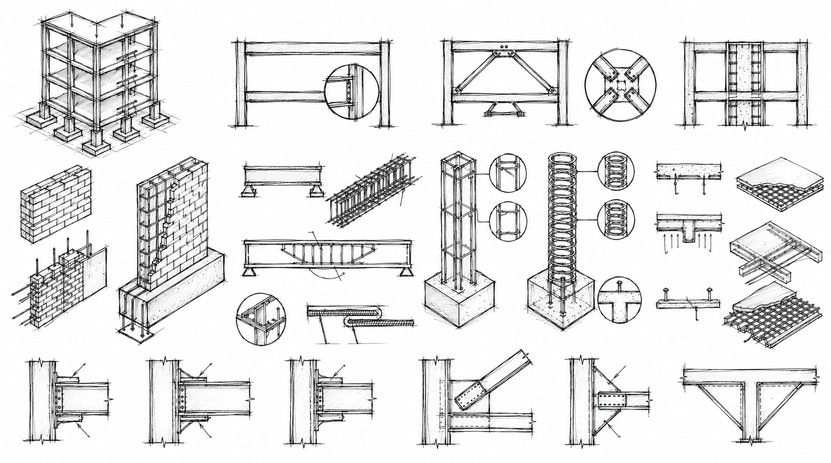 Technical drawings and blueprints of various construction and architectural components, including wall sections, structural beams, steel reinforcements, and foundation details.
