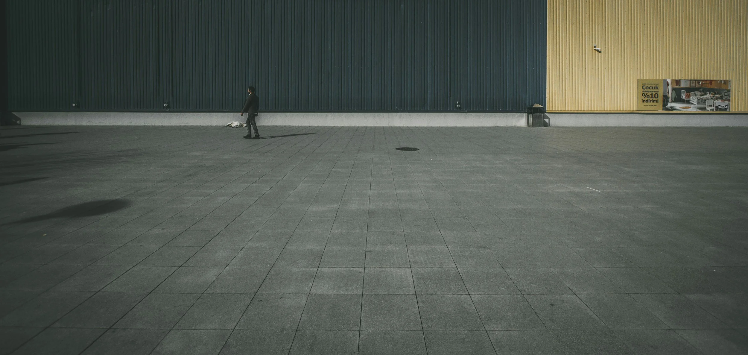 A person standing on a large paved open space near a building with colorful corrugated metal siding, with a dog next to them. The building has a yellow section with a poster advertising a 10% discount on children's furniture.