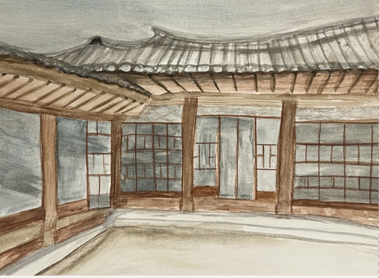 Watercolor painting of a hanok in Bukchon Hanok Village.