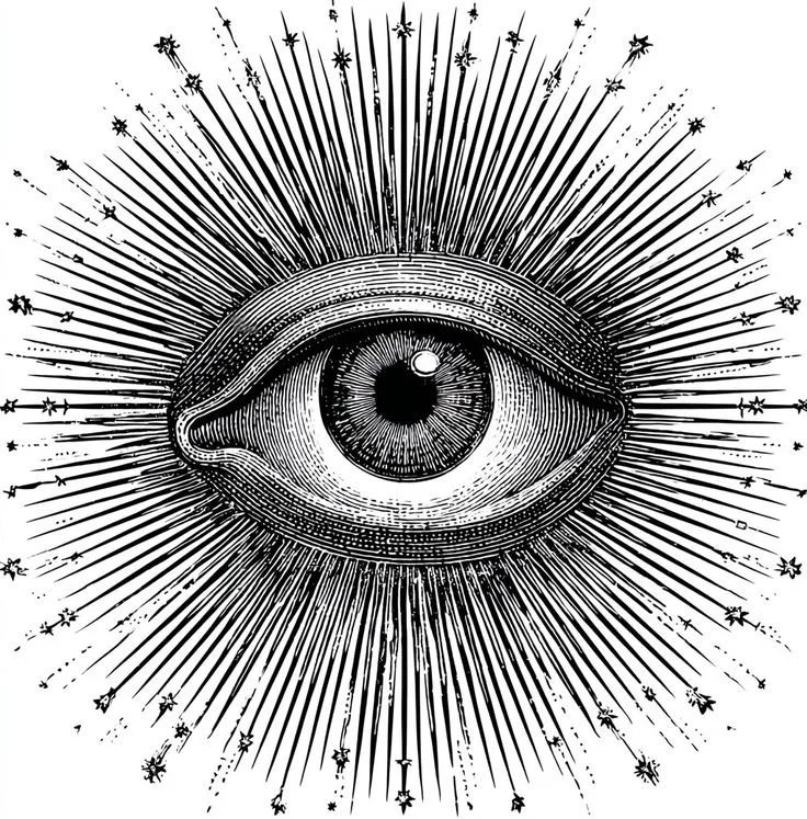 An illustration of an eye with radiating lines and small stars around it, resembling a sunburst or cosmic motif.