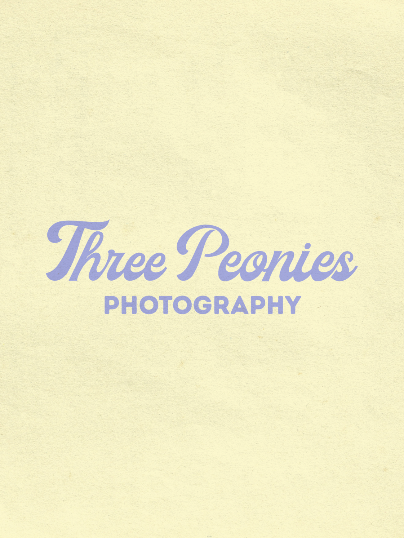 Typeface logo for Three Peonies Photography. It features a yellow background and periwinkle text.