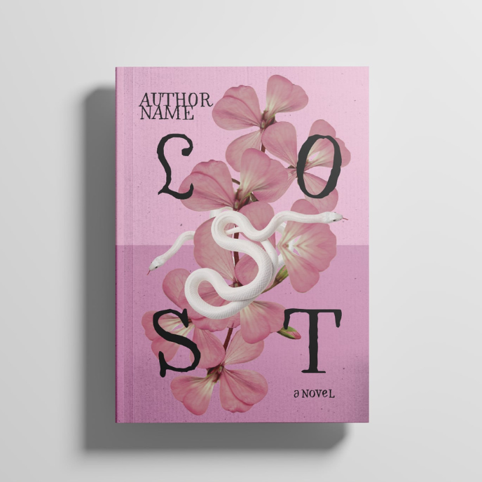 Book cover design. Pink background with pink flowers, white snakes and the words LOST in black.