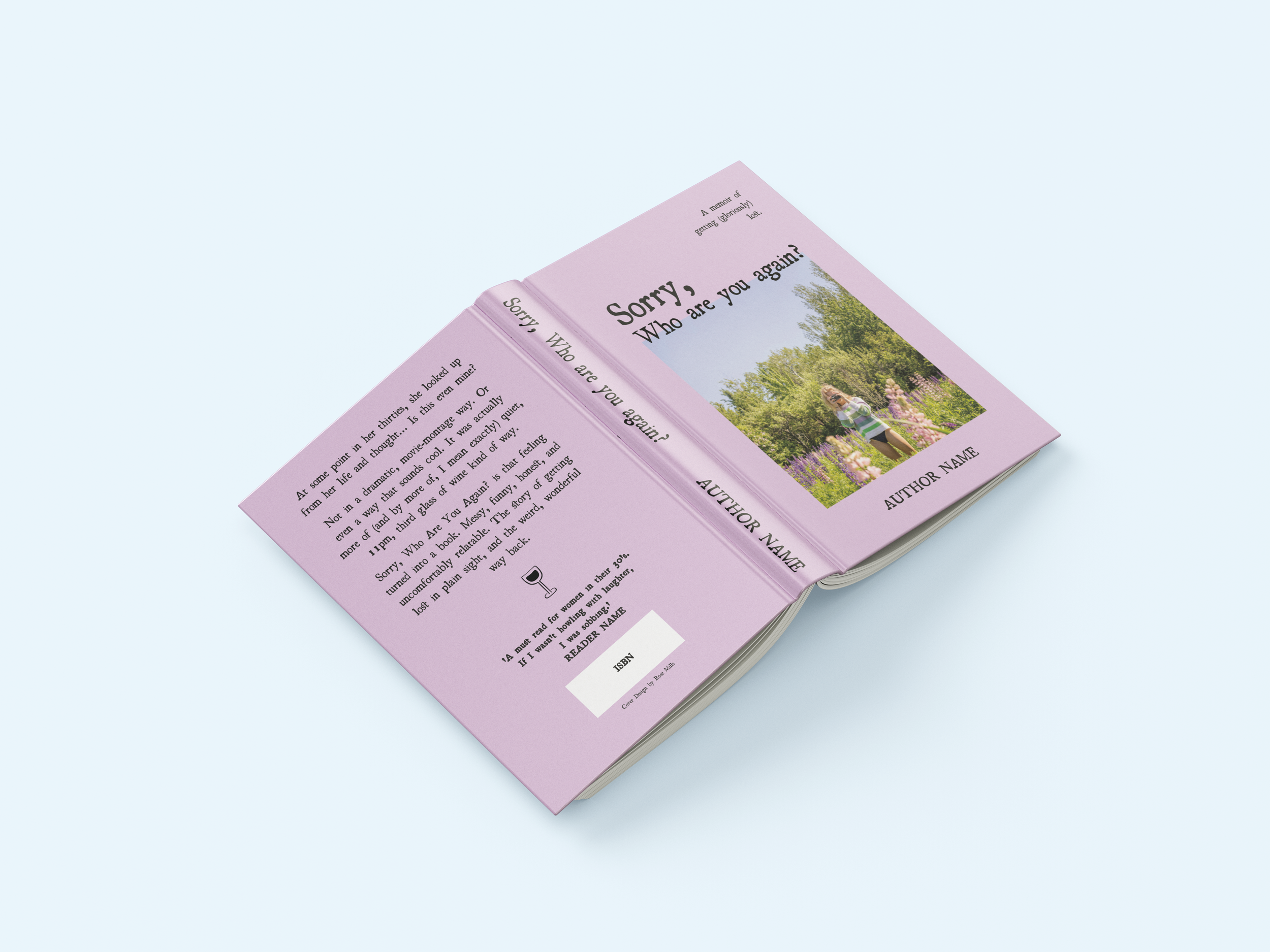 Mock-up of the book cover for Sorry, Who Are You Again?. A non-fiction memoir with a dusty pink cover, featuring a photo of a woman in a wildflower field. The title is set in a playful mixed typeface and the back cover includes the blurb