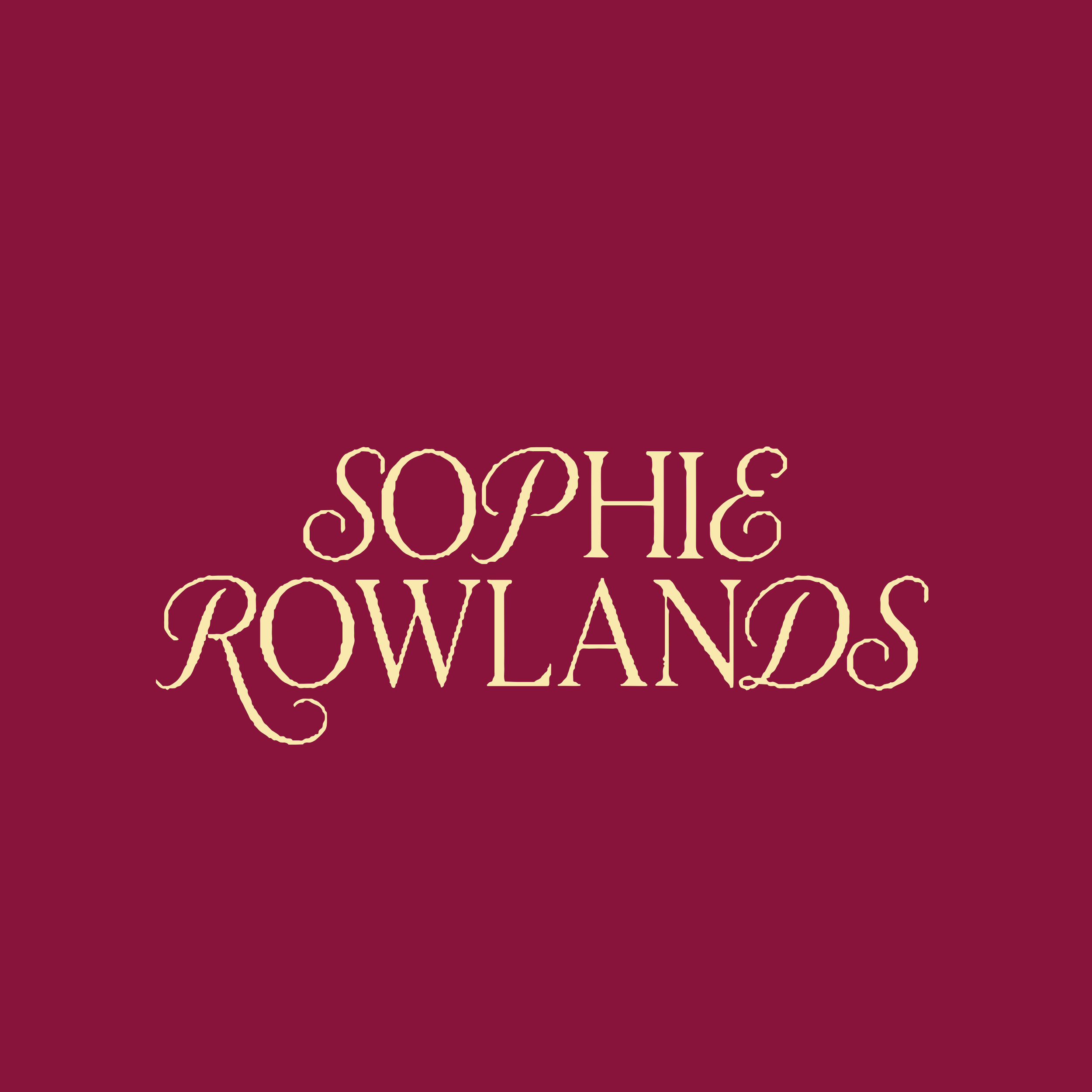 Logo for Sophie Rowlands brand. Red paper texture background with yellow cursive text.