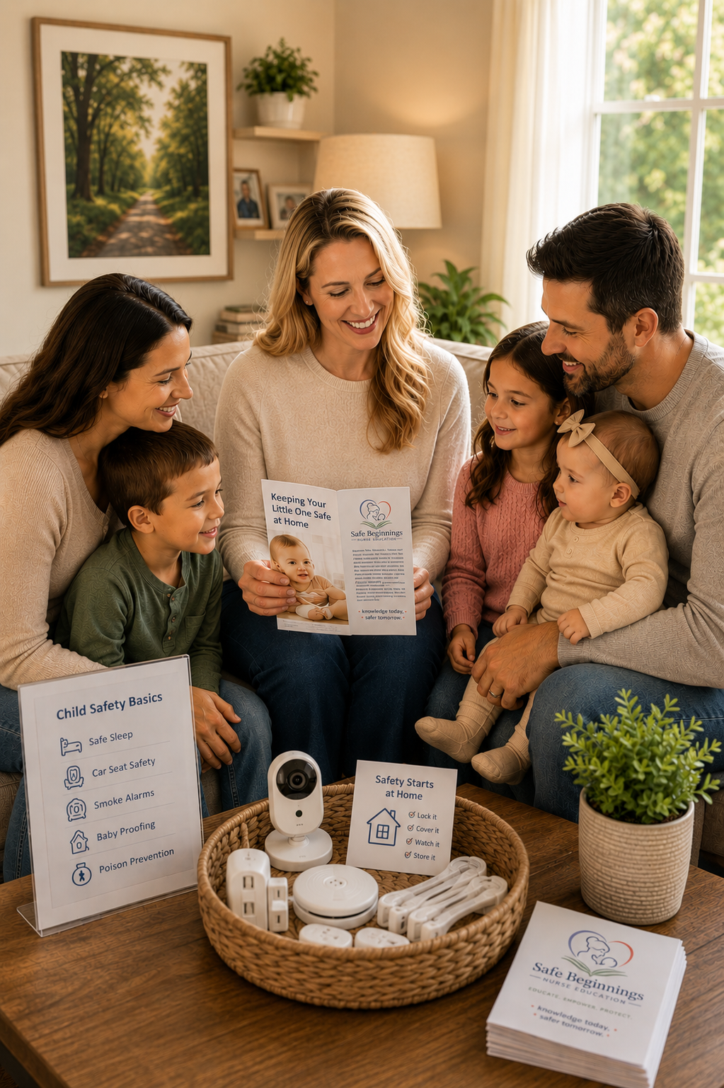 A family of six sitting on a cozy living room couch, engaging in a child safety education session with a woman holding a pamphlet, surrounded by informational signs and home safety devices.