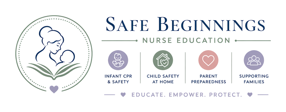 Infographic titled "Safe Beginnings Nurse Education" with icons and text promoting infant CPR and safety, child safety at home, parent preparedness, and supporting families.