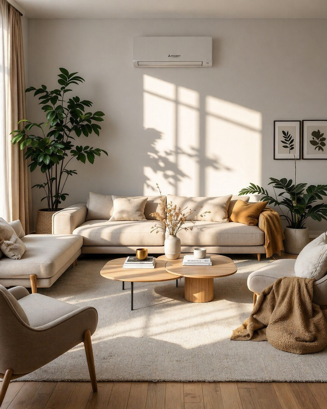 Living room with beige sofa, armchair, round wooden coffee tables, potted plants, wall art, and sunlight casting shadows.