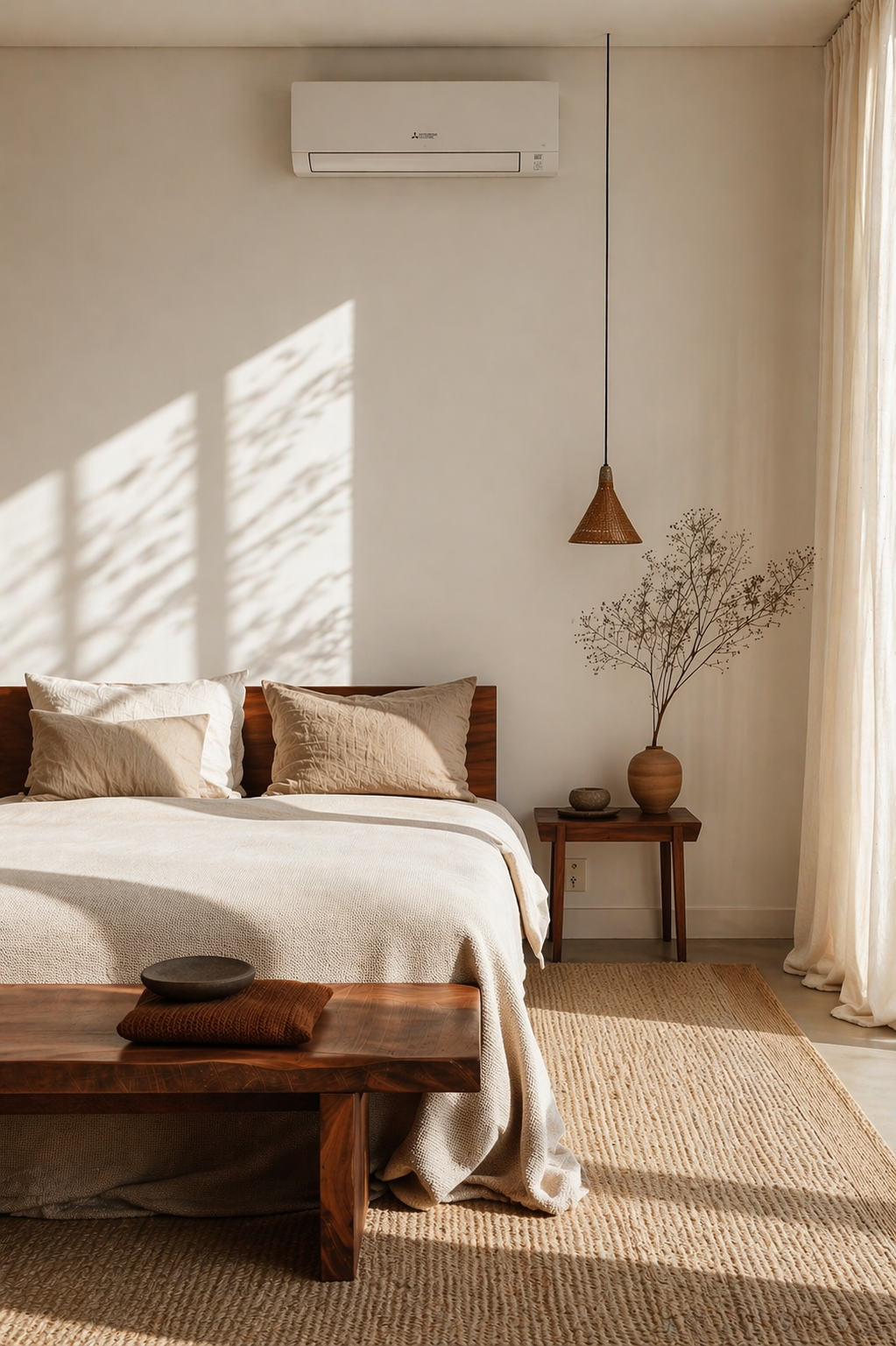 A minimalist bedroom with a bed featuring beige pillows, a wooden bench at the foot of the bed, a small side table with a vase and a decorative object, a hanging light fixture, and curtains with sunlight casting shadows on the wall.