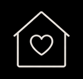 A white outline of a house with a heart inside on a black background.