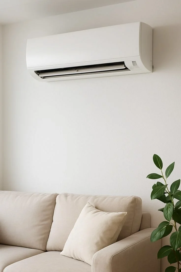A wall-mounted white air conditioning unit above a beige sofa and a green potted plant in a living room.