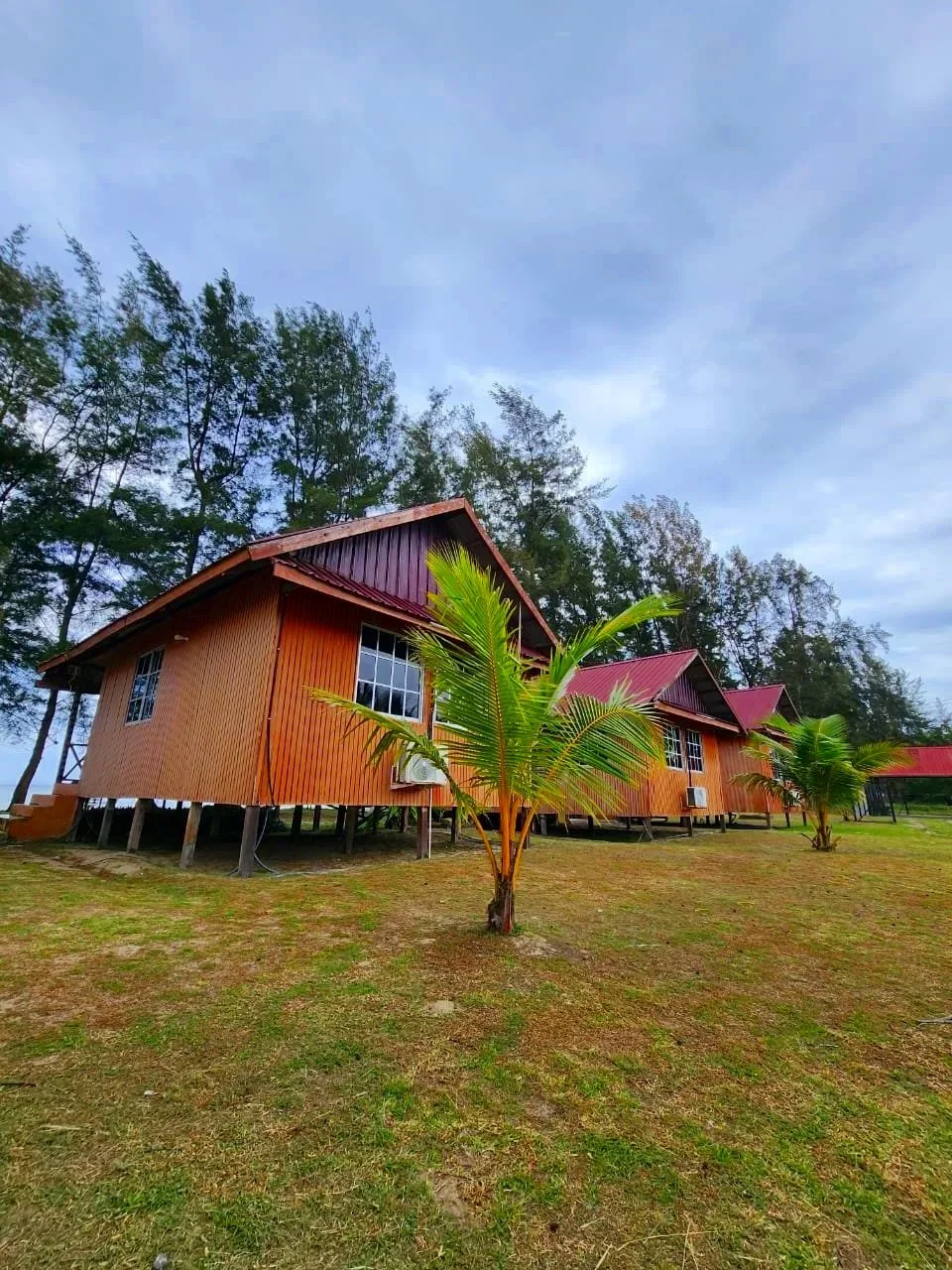 Wooden cabins on stilts with red roofs, surrounded by small palm trees on grassy land under a partly cloudy sky.