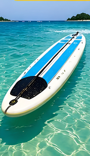 Stand-up paddleboard floating on clear blue water near a tropical island