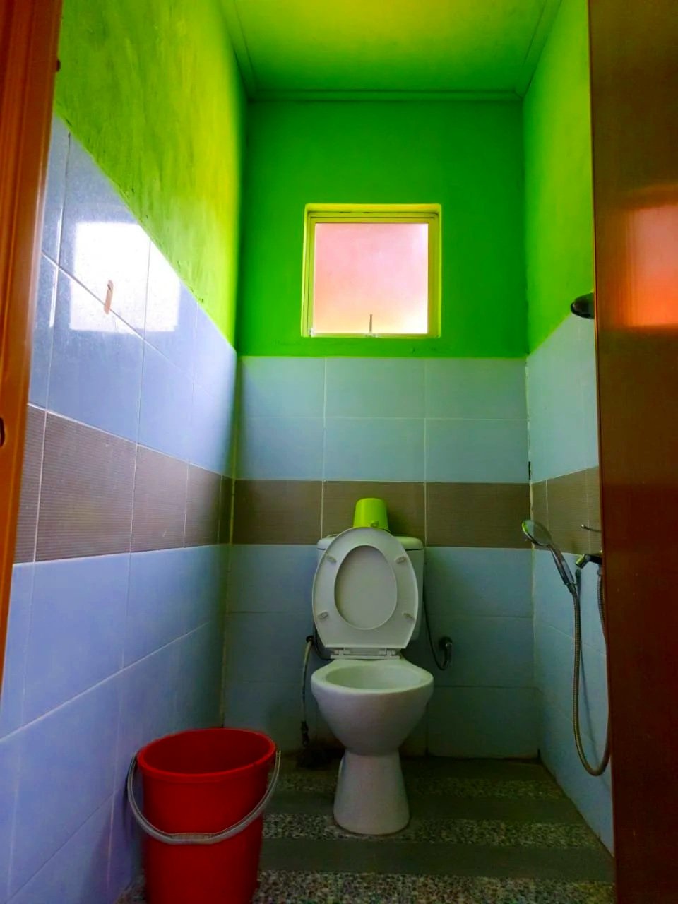 A small bathroom with a green upper wall and a window at the top. There is a white toilet with a green item on top, a red bucket on the floor, and a handheld shower attached to the wall.