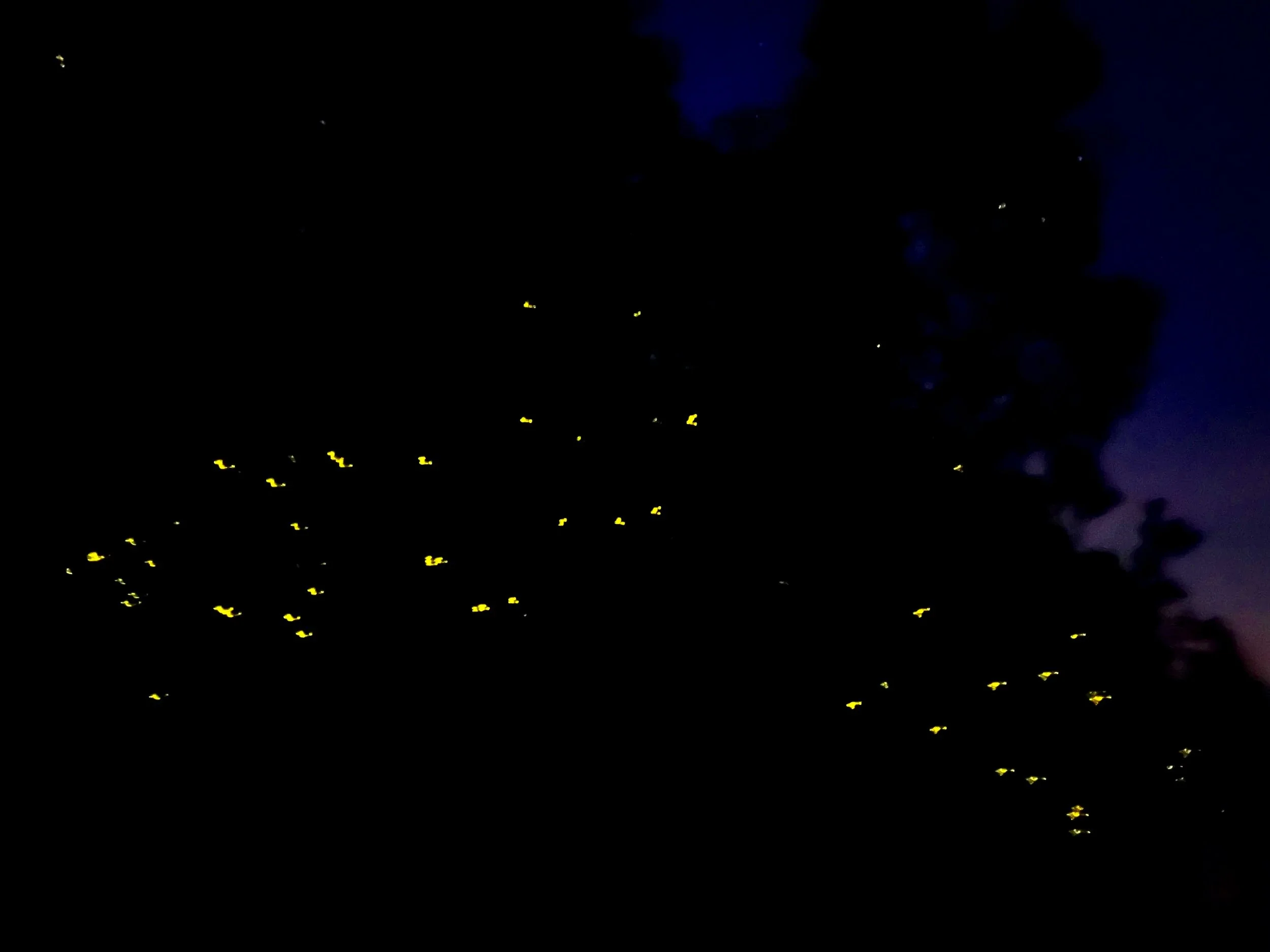 Nighttime photo of a lighthouse with bright beacon and a row of yellow lights on the ocean.