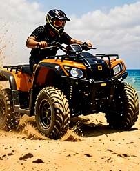 Person riding an all-terrain vehicle on a sandy beach with the ocean in the background.