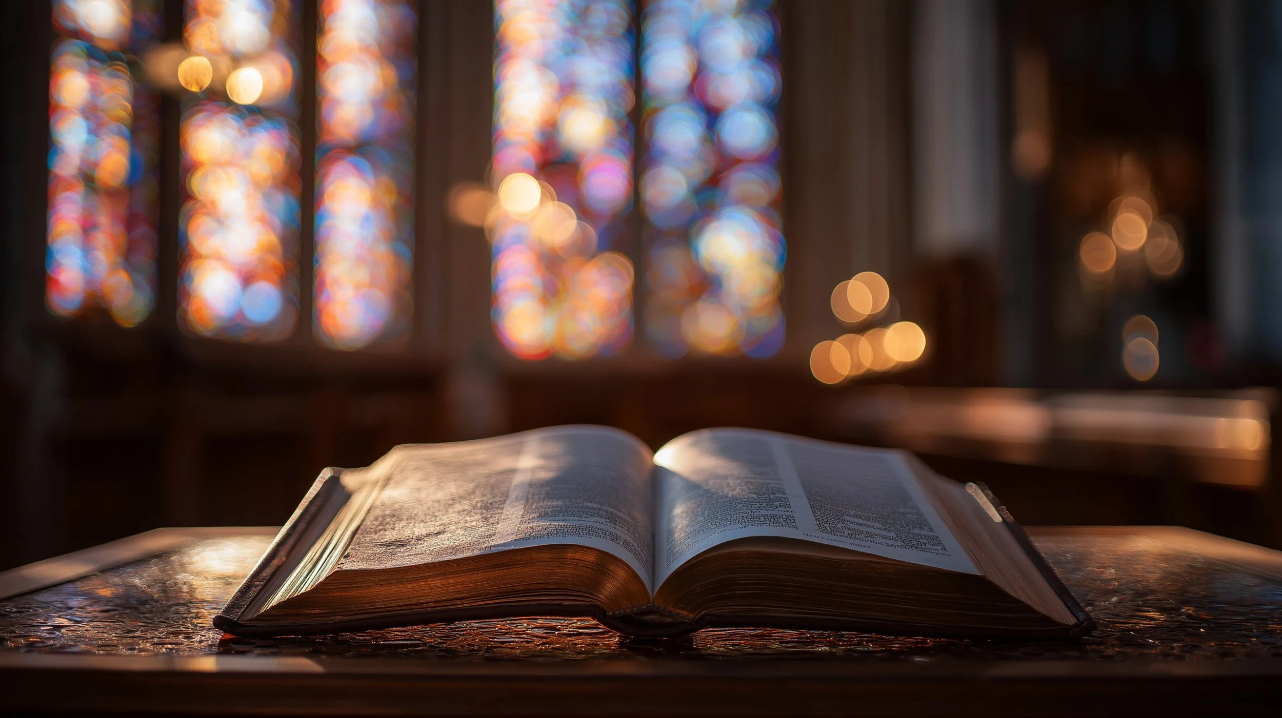 Open book on a table with stained glass windows in the background creating a colorful bokeh effect in the light.