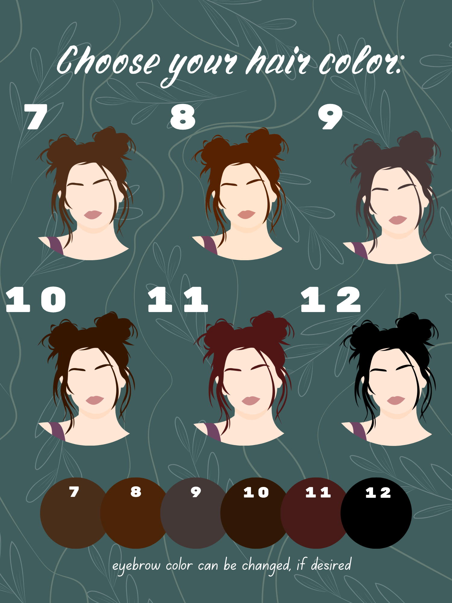 Hair colors 7–12: medium brown, auburn brown, dark ash brown, dark brown, burgundy, and black.