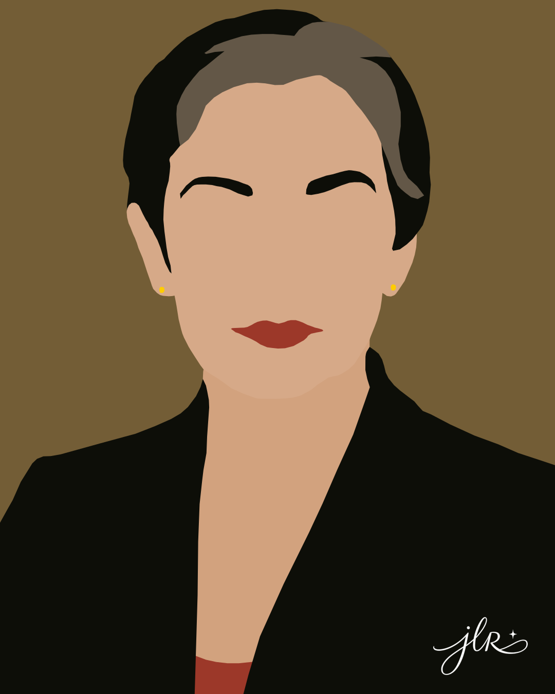 Faceless portrait of a dark-haired woman with a gray streak, gold earrings, red lipstick, and a black jacket.