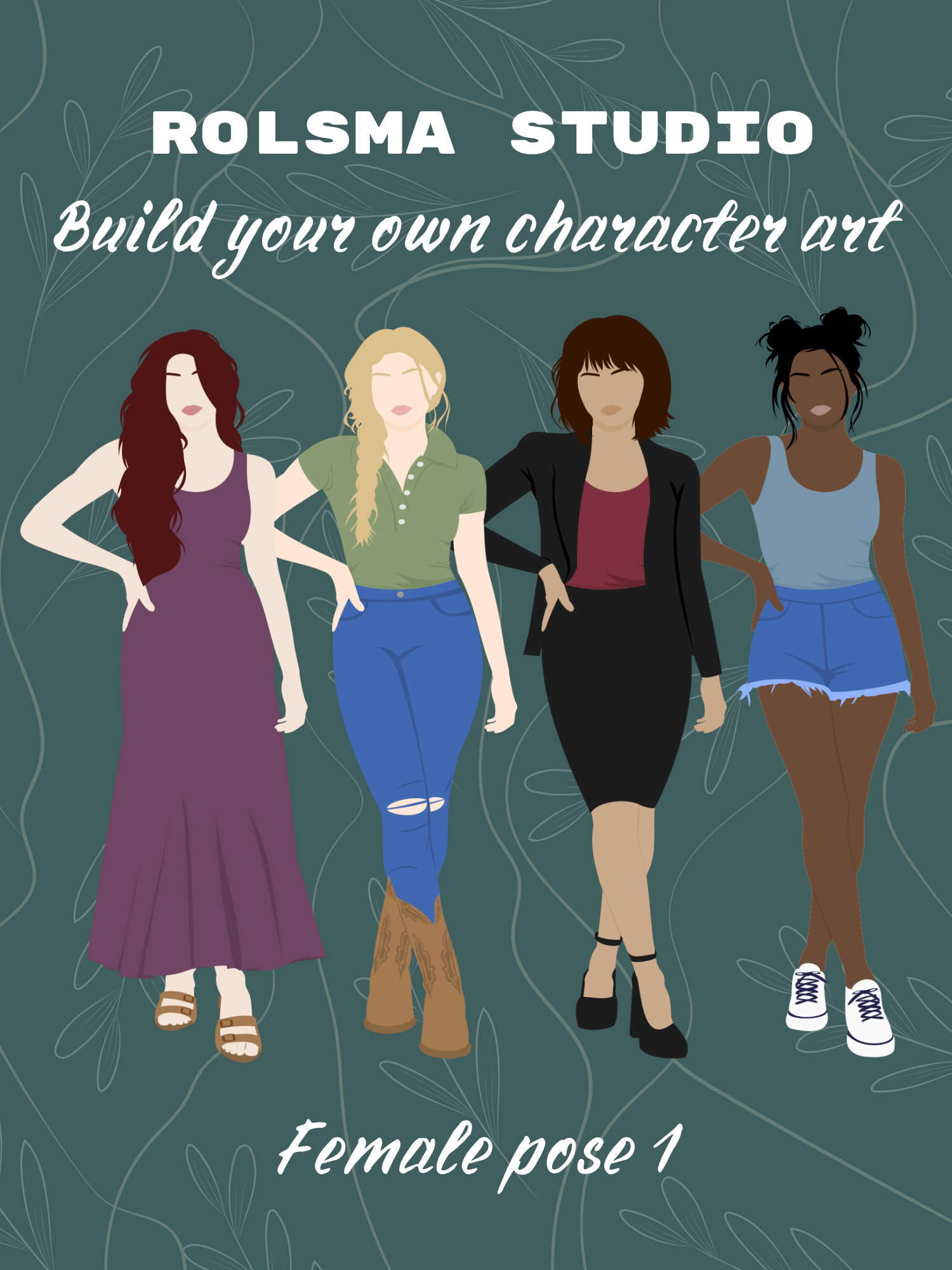Rolsma Studio build-your-own character art: Female Pose 1 shown with four customizable outfit and hairstyle examples.