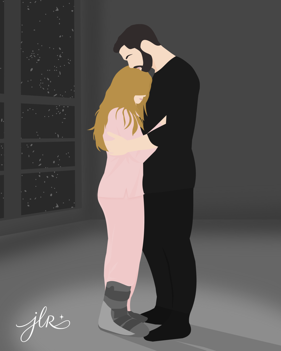 Faceless blonde woman in pink and a medical boot embraces a taller bearded man in black beside a snowy window.