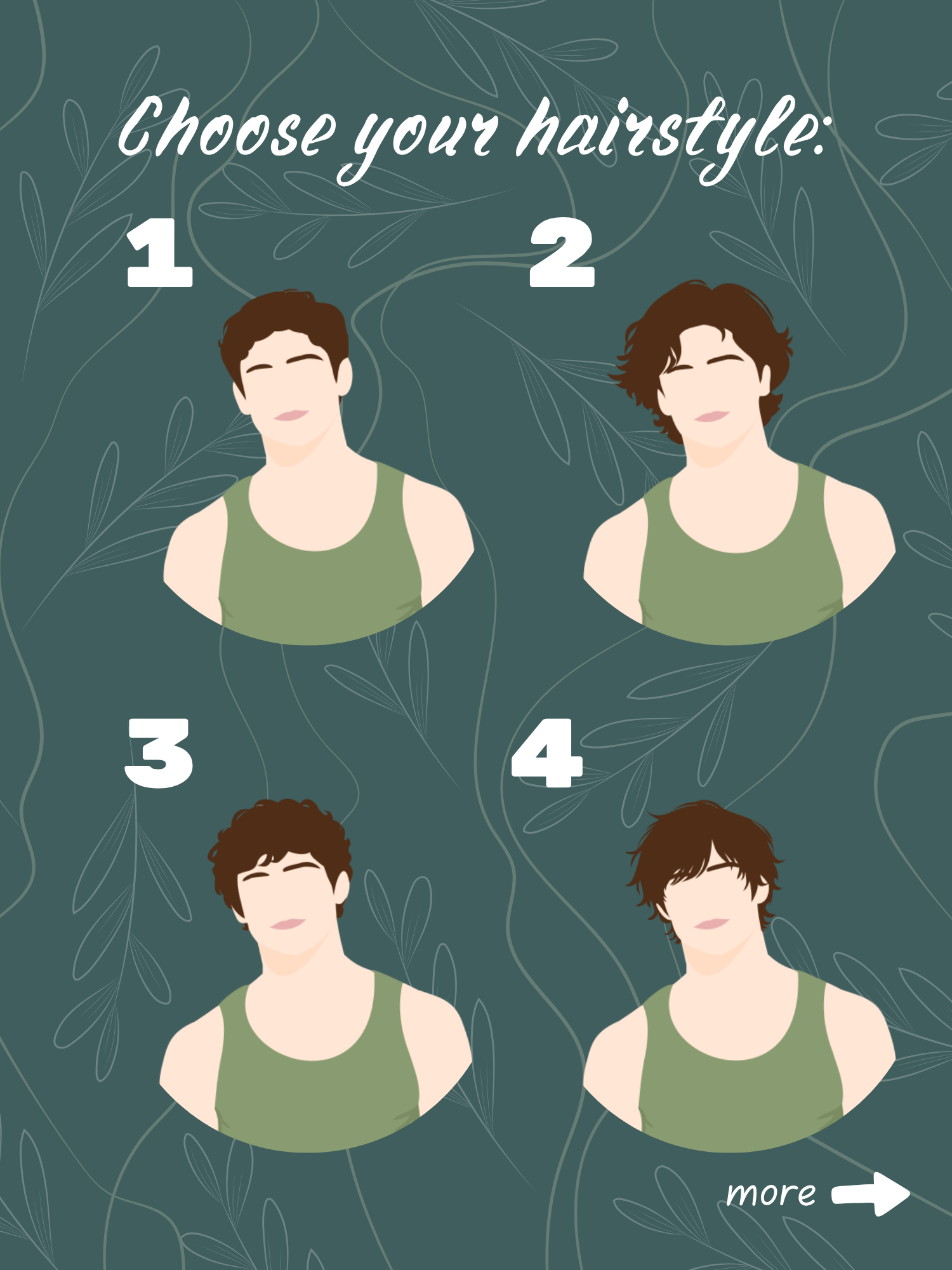 Male hairstyles 1–4: short classic cut, medium wavy hair, short curly hair, and shaggy hair with long bangs.