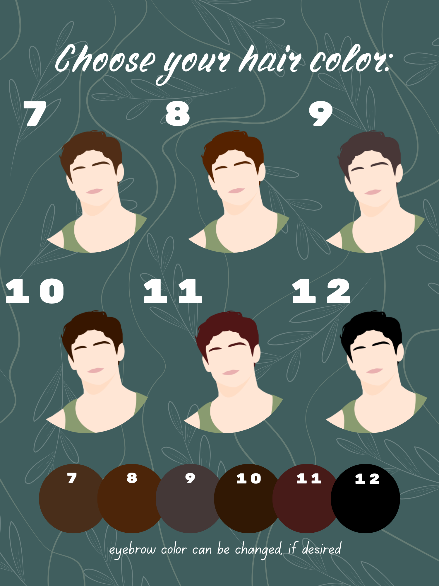 Hair colors 7–12: medium brown, auburn brown, dark ash brown, dark brown, burgundy, and black.
