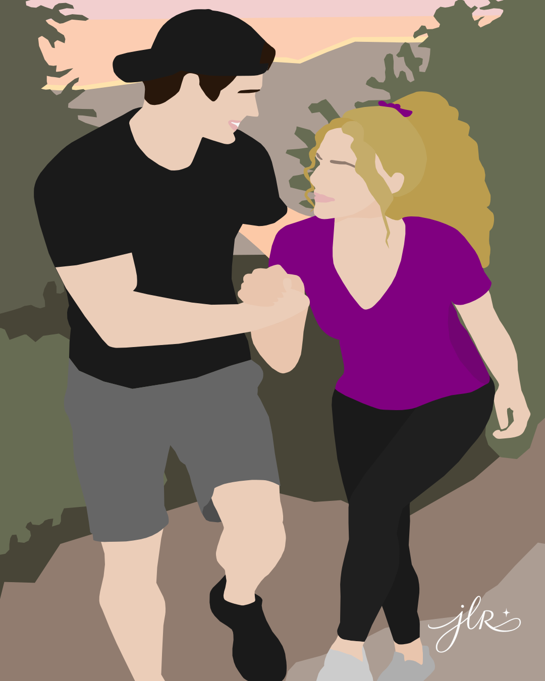 Faceless couple hiking together on a mountain trail, holding hands and looking at each other.