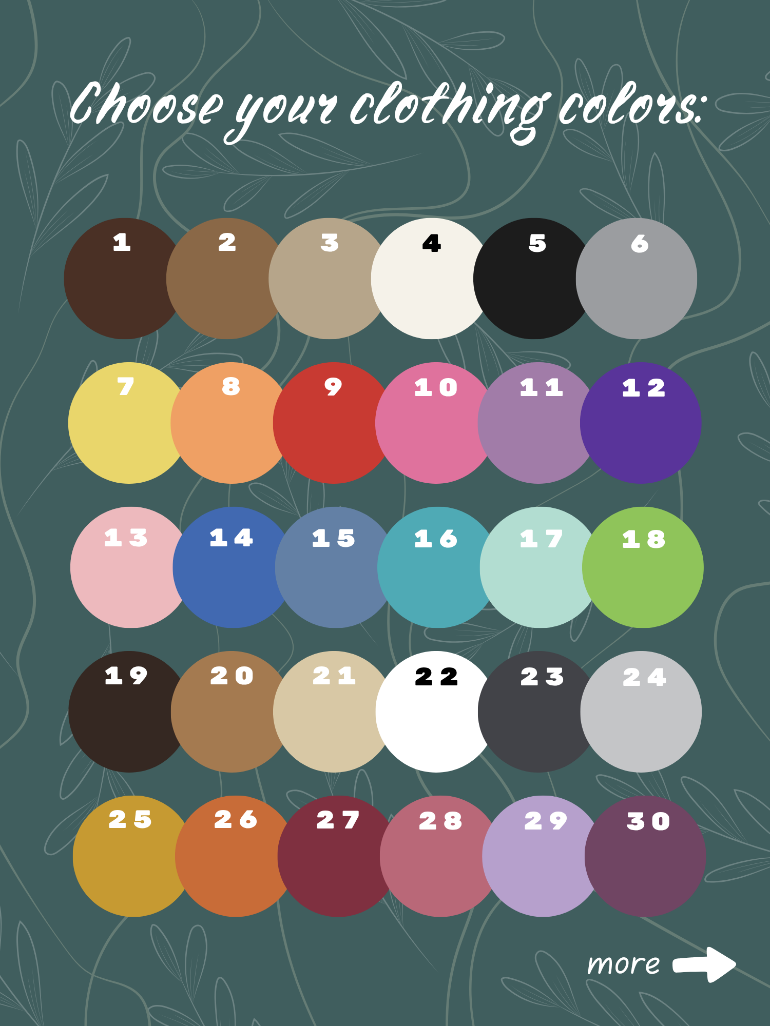 Clothing color chart options 1–30, including neutrals and assorted muted shades of yellow, red, pink, purple, blue, and green.