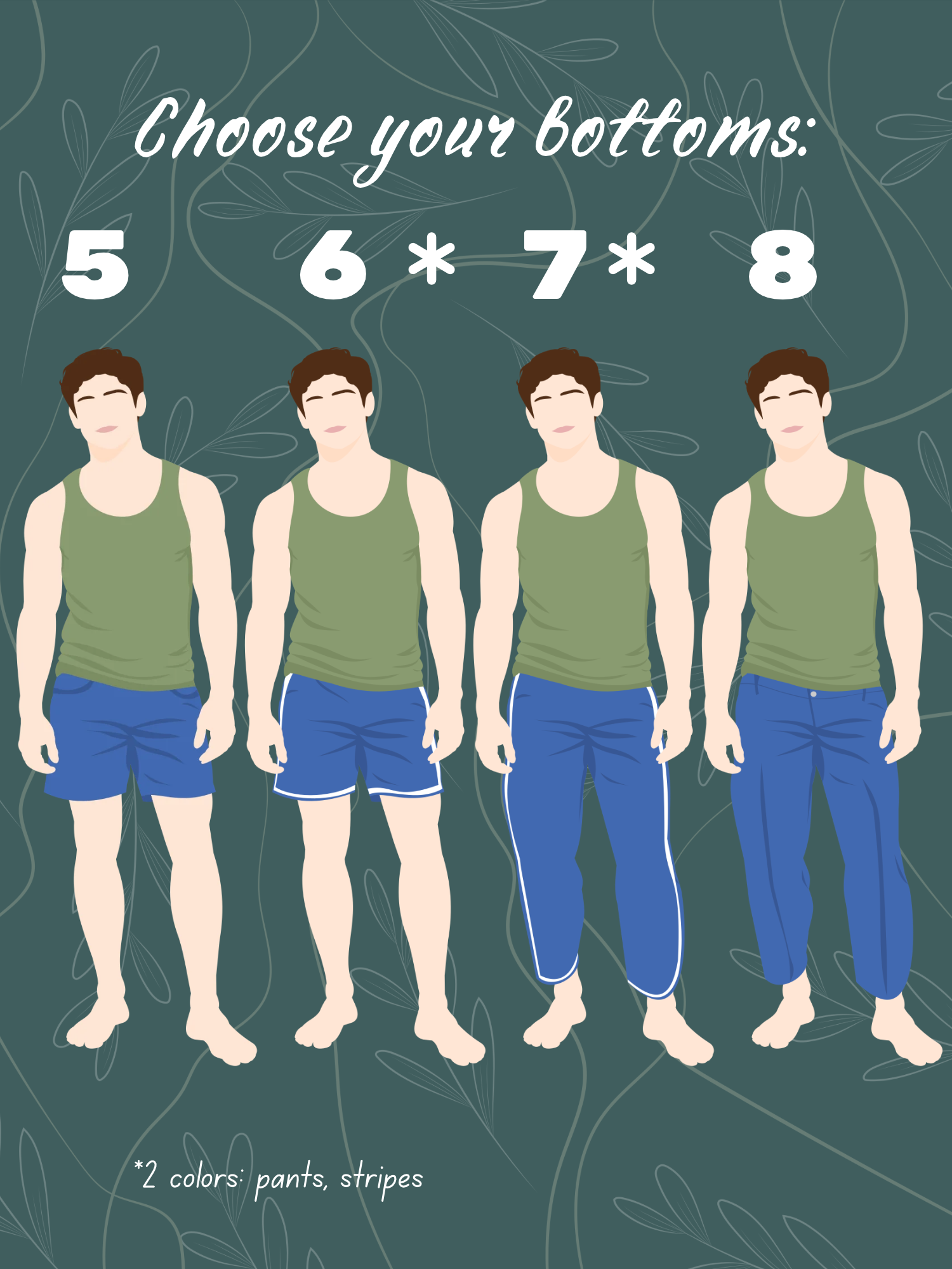 Bottom options 5–8: shorts, athletic shorts, striped track pants, and slacks.
