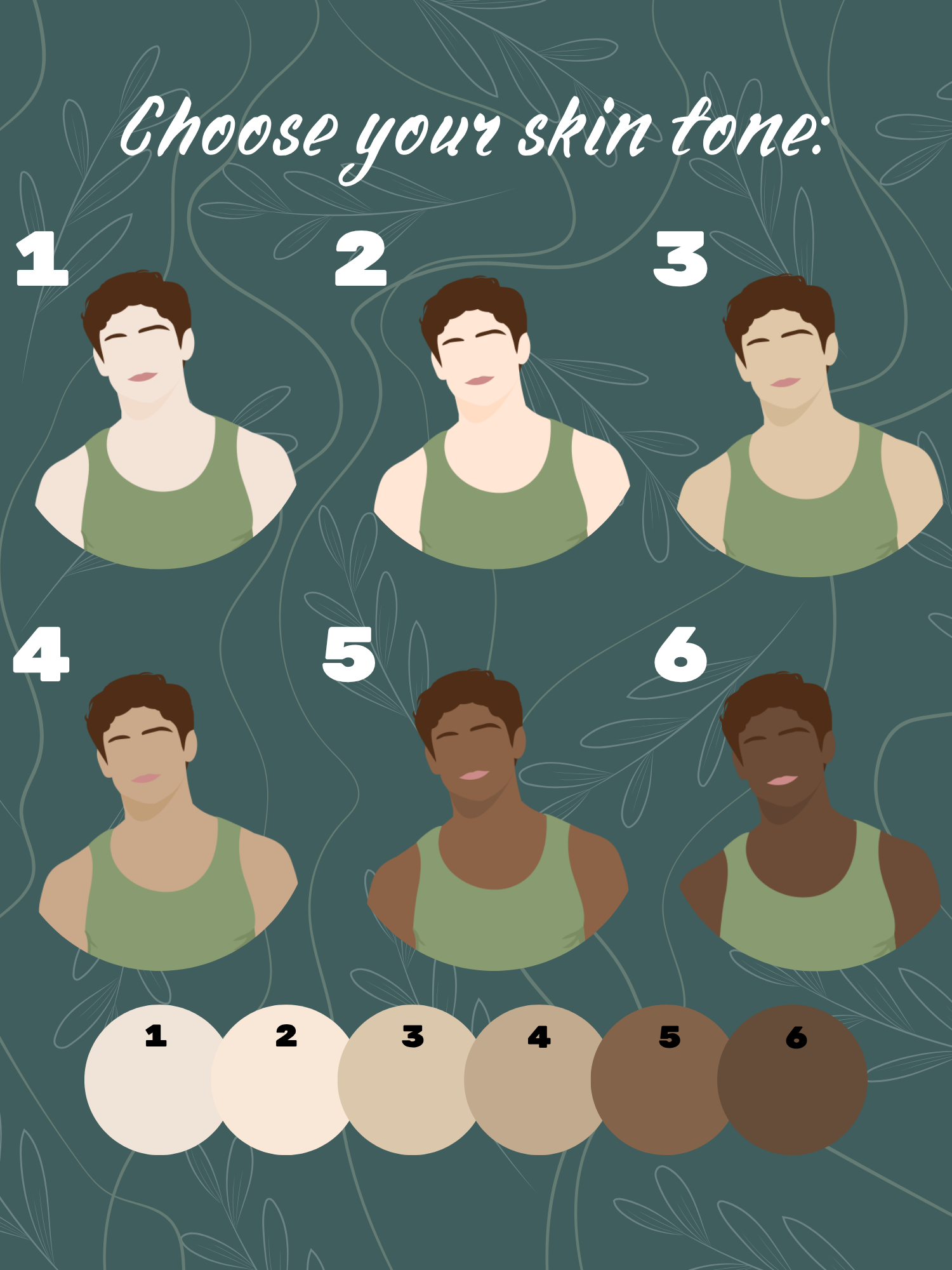Choose from six skin tones, shown on the same faceless male character from very light to deep brown.