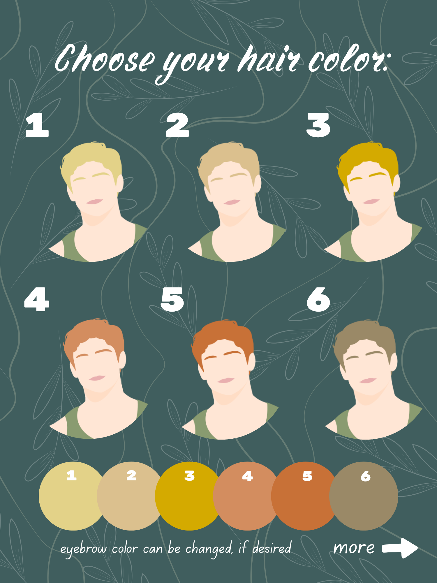 Hair colors 1–6: light blonde, dark blonde, golden blonde, strawberry blonde, copper orange, and ash brown.