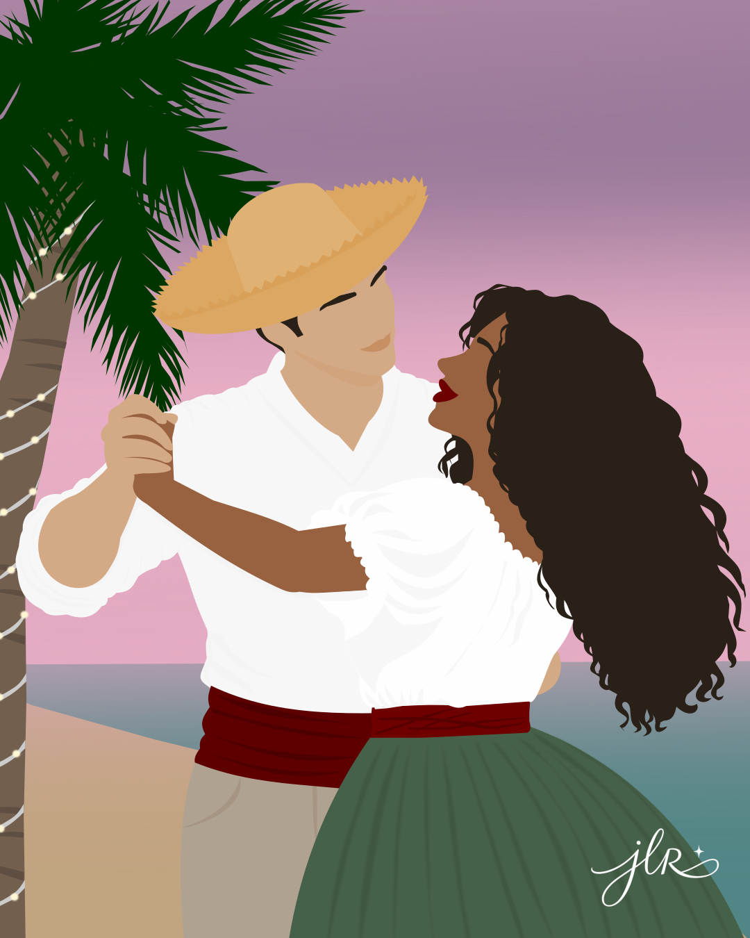 Faceless couple dancing beneath palm trees at sunset, wearing white tops, red sashes, and a flowing green skirt.