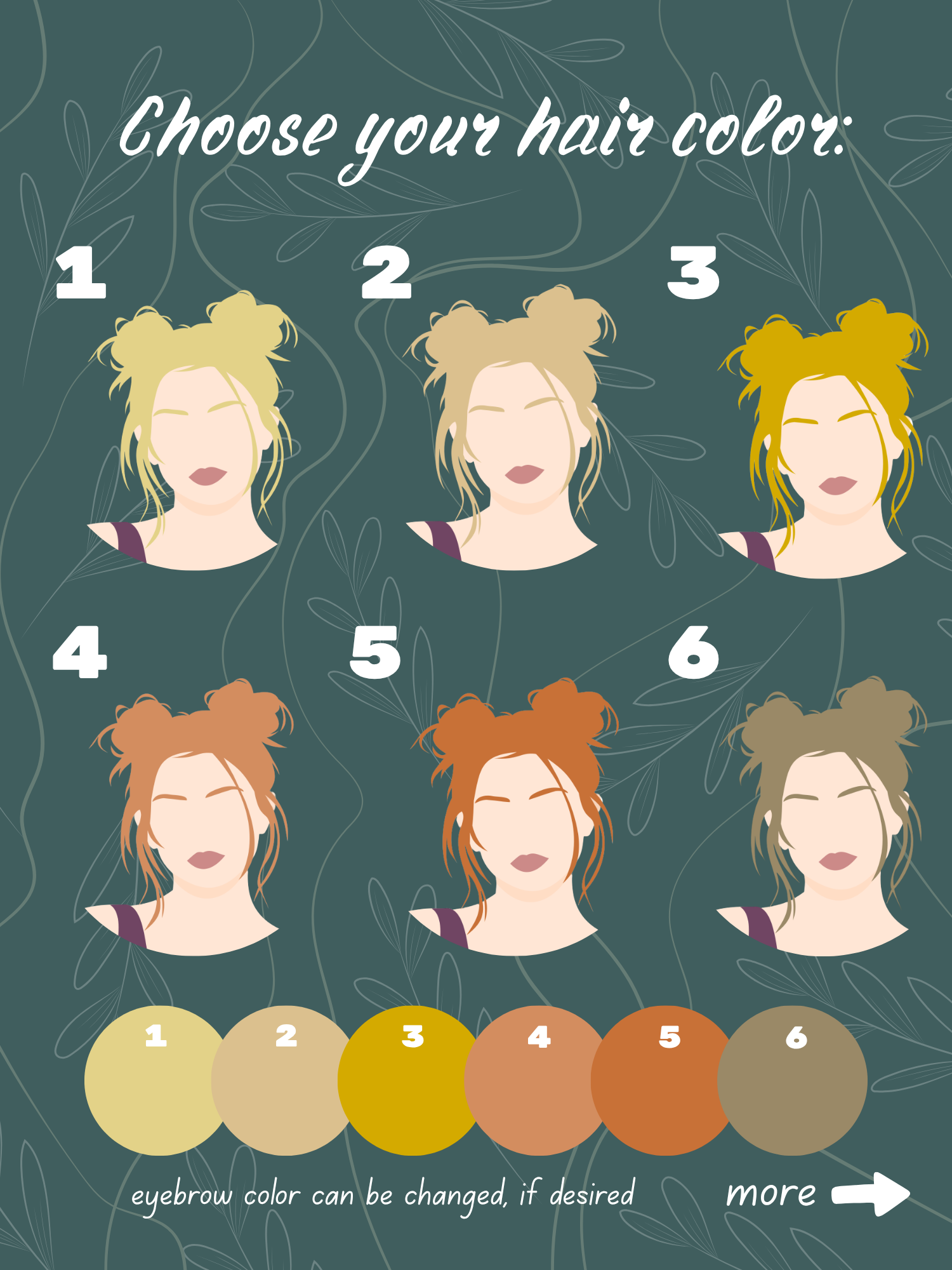 Hair colors 1–6: light blonde, dark blonde, golden blonde, strawberry blonde, orange, and ash brown.