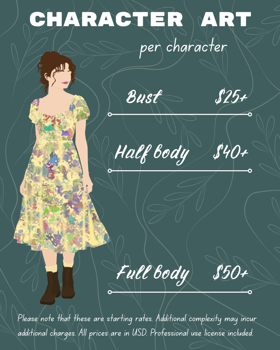  Character art: bust $25+, half body $40+, full body $50+. Professional-use license included.
