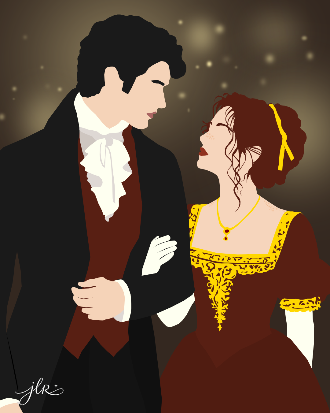 Stylized illustration of a Regency-era couple standing arm in arm. The man wears a dark formal coat with a burgundy waistcoat and white cravat, while the woman wears a burgundy gown with gold trim, white gloves, and a gold ribbon in her hair.