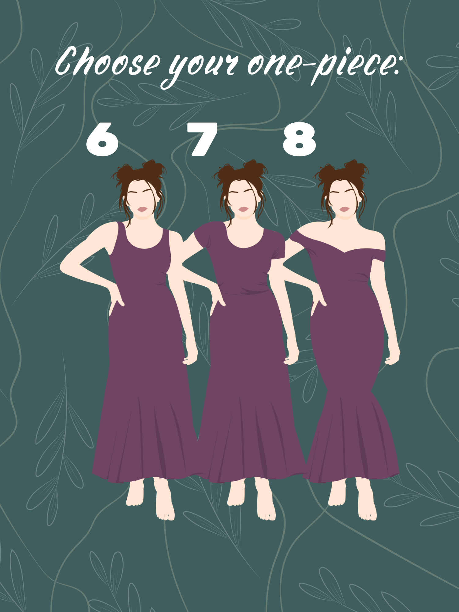 One-piece options 6–8: sleeveless maxi dress, short-sleeve maxi dress, and off-shoulder fitted maxi dress.