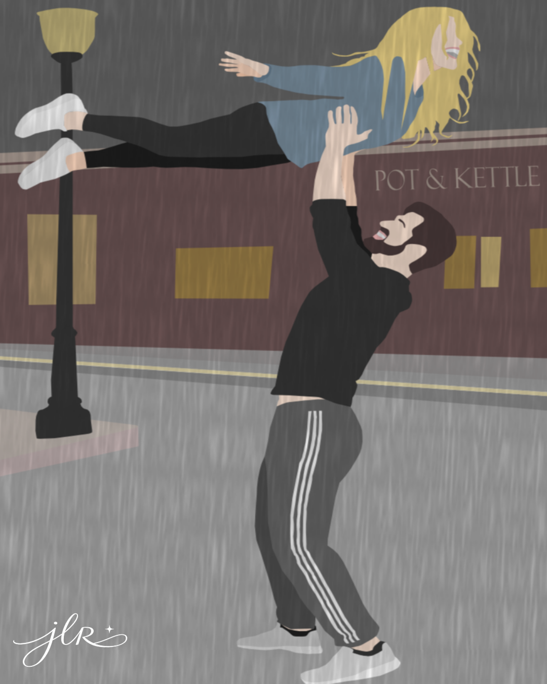 Faceless man playfully holding a blonde woman horizontally in the air outside the Pot & Kettle in the rain.