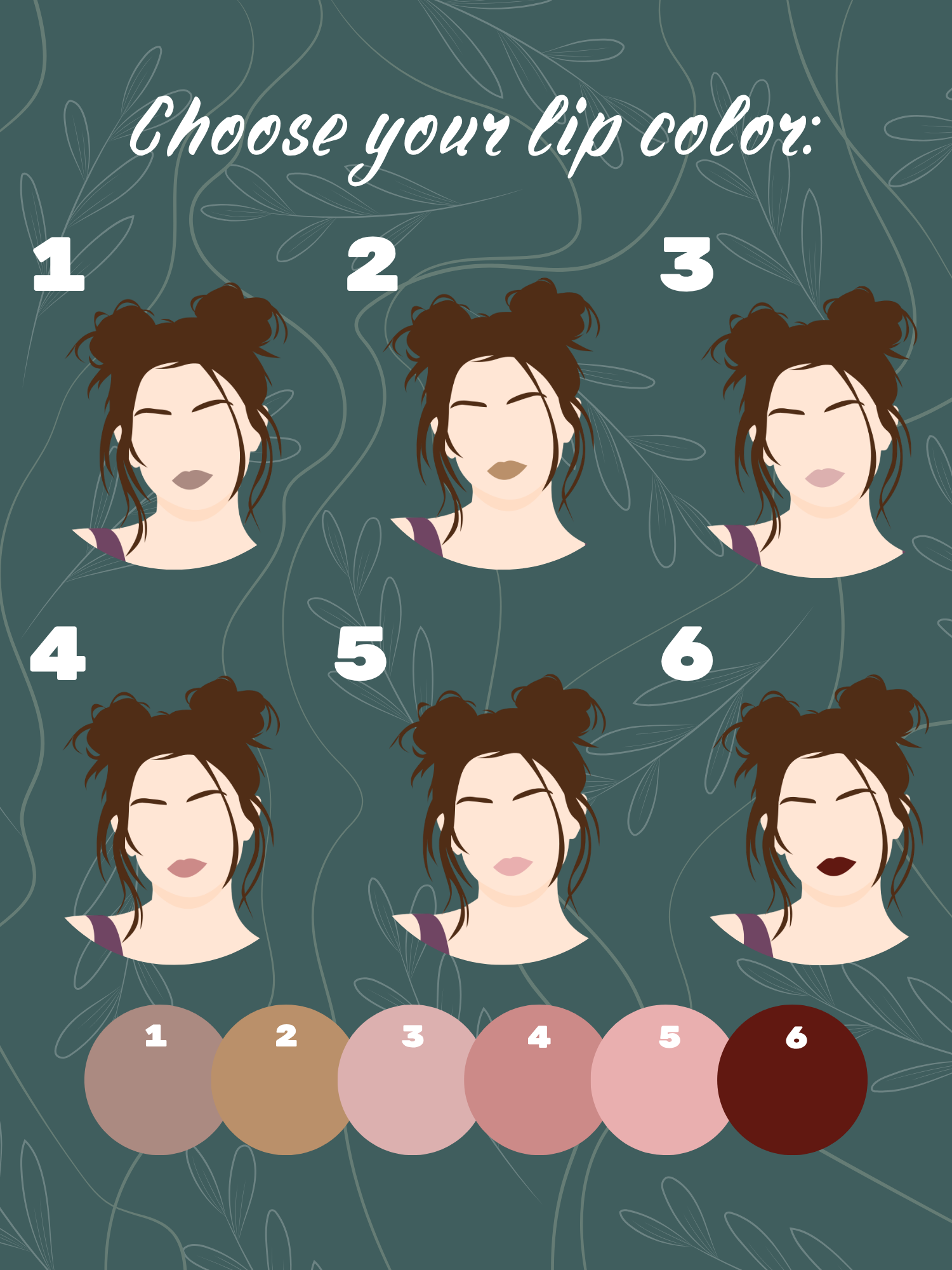 Choose from six lip colors, shown on the same faceless female character in neutral, pink, mauve, and deep red shades.
