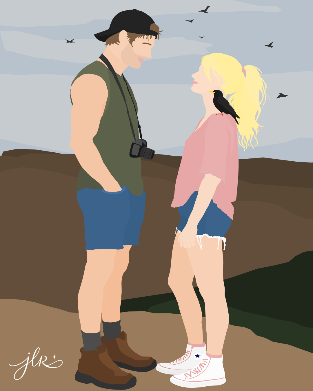 Faceless couple standing together on a scenic overlook, with a camera around the man’s neck and a bird on the woman’s shoulder.