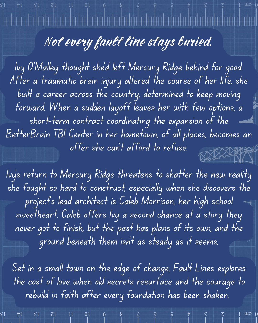 Fault Lines blurb: TBI survivor Ivy returns home for a job and reunites with Caleb, her high school sweetheart, as old secrets resurface.
