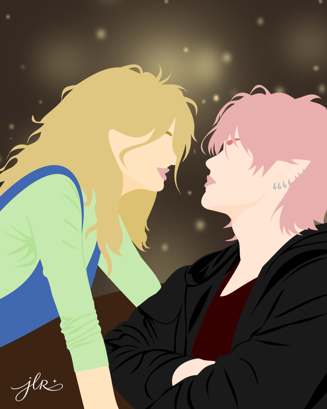 Image of a blonde woman in overalls leaning over a counter face to face with a pink-haired elf. The elf is crossing his arms and staring back at her.