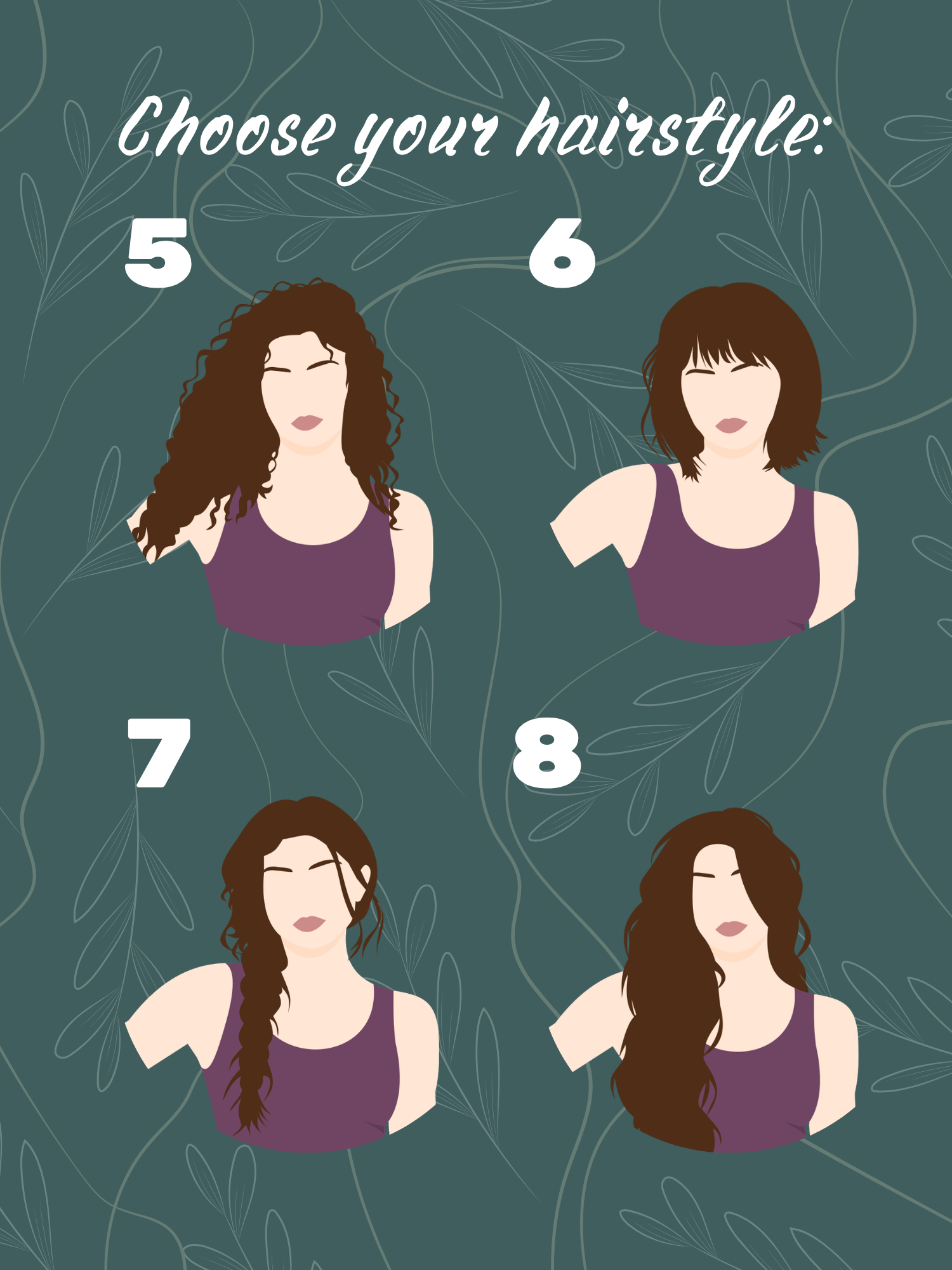 Hairstyles 5–8: long curls, short bob with bangs, long side braid, and long voluminous wavy hair.